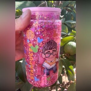 16oz Snow Globe Cup Pink Glitter Acrylic Tumbler Cup Up Cartoon Theme Decal Wrap